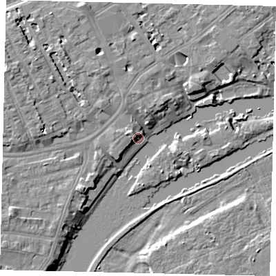 Shaded relief map of the ground around TW13DX, computed from Environment Agency LiDAR. The ground here sits at about 6 m above sea level and falls 8 m across the surrounding 800 m. Surface water reaching this point runs off ground lying to the north-west, 3.1 m higher.