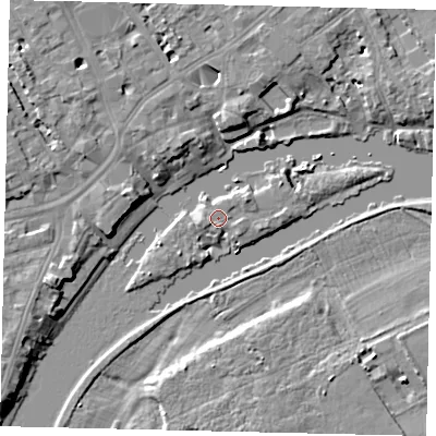 Shaded relief map of the ground around TW13DY, computed from Environment Agency LiDAR. The ground here sits at about 5 m above sea level and falls 8 m across the surrounding 800 m. Surface water reaching this point runs off ground lying to the south, 0.9 m higher.