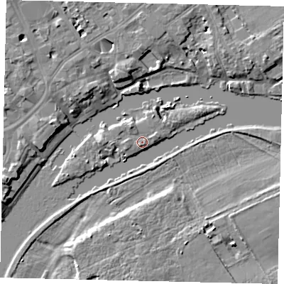 Shaded relief map of the ground around TW13EA, computed from Environment Agency LiDAR. The ground here sits at about 5 m above sea level and falls 8 m across the surrounding 800 m. Surface water reaching this point runs off ground lying to the north-west, 1.5 m higher.