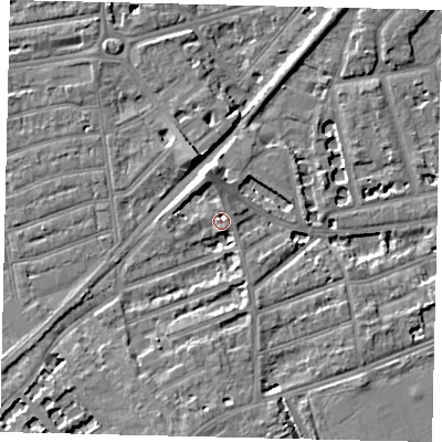 Shaded relief map of the ground around TW13EE, computed from Environment Agency LiDAR. The ground here sits at about 7 m above sea level and falls 7 m across the surrounding 800 m. Surface water reaching this point runs off ground lying to the north, 3.3 m higher.