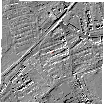 Shaded relief map of the ground around TW13EL, computed from Environment Agency LiDAR. The ground here sits at about 6 m above sea level and falls 7 m across the surrounding 800 m. Surface water reaching this point runs off ground lying to the south, 4.3 m higher.