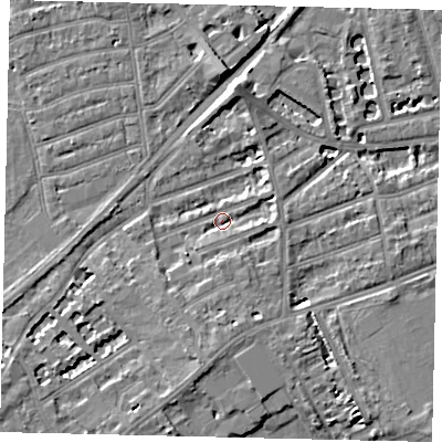 Shaded relief map of the ground around TW13EN, computed from Environment Agency LiDAR. The ground here sits at about 6 m above sea level and falls 7 m across the surrounding 800 m. Surface water reaching this point runs off ground lying to the south, 4.1 m higher.