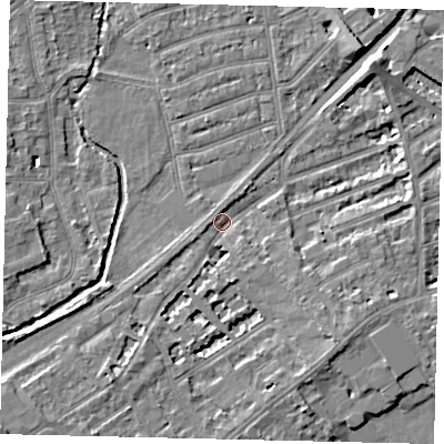 Shaded relief map of the ground around TW13HN, computed from Environment Agency LiDAR. The ground here sits at about 6 m above sea level and falls 7 m across the surrounding 800 m. Surface water reaching this point runs off ground lying to the north-east, 6.1 m higher.