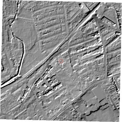 Shaded relief map of the ground around TW13HS, computed from Environment Agency LiDAR. The ground here sits at about 6 m above sea level and falls 7 m across the surrounding 800 m. Surface water reaching this point runs off ground lying to the south-east, 2.9 m higher.