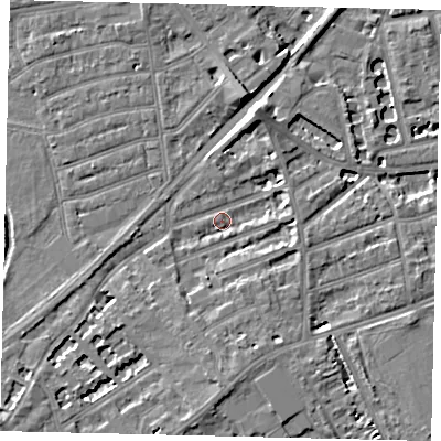 Shaded relief map of the ground around TW13HU, computed from Environment Agency LiDAR. The ground here sits at about 6 m above sea level and falls 7 m across the surrounding 800 m. Surface water reaching this point runs off ground lying to the south, 4.6 m higher.