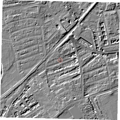Shaded relief map of the ground around TW13HX, computed from Environment Agency LiDAR. The ground here sits at about 6 m above sea level and falls 7 m across the surrounding 800 m. Surface water reaching this point runs off ground lying to the north-north-east, 6.1 m higher.