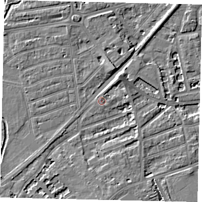 Shaded relief map of the ground around TW13HY, computed from Environment Agency LiDAR. The ground here sits at about 7 m above sea level and falls 7 m across the surrounding 800 m. Surface water reaching this point runs off ground lying to the north-east, 6.1 m higher.