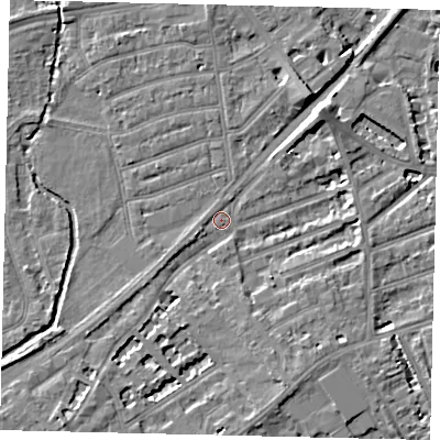 Shaded relief map of the ground around TW13JA, computed from Environment Agency LiDAR. The ground here sits at about 6 m above sea level and falls 7 m across the surrounding 800 m. Surface water reaching this point runs off ground lying to the north-east, 6.1 m higher.