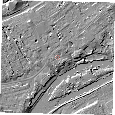 Shaded relief map of the ground around TW13NJ, computed from Environment Agency LiDAR. The ground here sits at about 8 m above sea level and falls 9 m across the surrounding 800 m. Surface water reaching this point runs off ground lying to the west-south-west, 1.5 m higher.