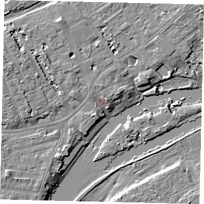 Shaded relief map of the ground around TW13NP, computed from Environment Agency LiDAR. The ground here sits at about 7 m above sea level and falls 8 m across the surrounding 800 m. Surface water reaching this point runs off ground lying to the north, 2.8 m higher.