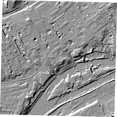 Shaded relief map of the ground around TW13NR, computed from Environment Agency LiDAR. The ground here sits at about 8 m above sea level and falls 9 m across the surrounding 800 m. Surface water reaching this point runs off ground lying to the south, 0.9 m higher.