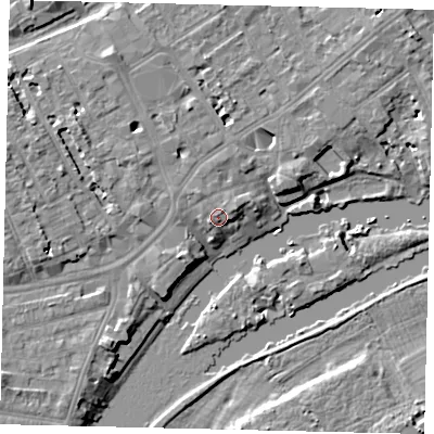 Shaded relief map of the ground around TW13NU, computed from Environment Agency LiDAR. The ground here sits at about 8 m above sea level and falls 8 m across the surrounding 800 m. Surface water reaching this point runs off ground lying to the north-east, 2.0 m higher.