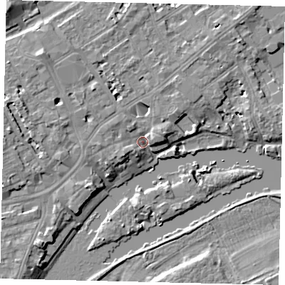 Shaded relief map of the ground around TW13NX, computed from Environment Agency LiDAR. The ground here sits at about 6 m above sea level and falls 9 m across the surrounding 800 m. Surface water reaching this point runs off ground lying to the north-west, 5.3 m higher.