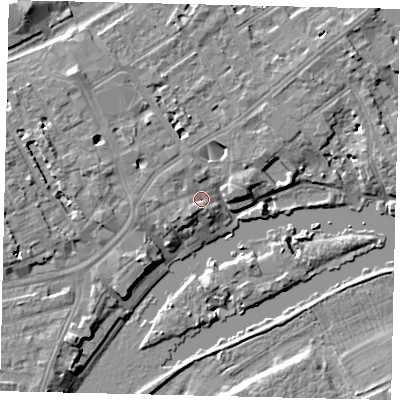 Shaded relief map of the ground around TW13NY, computed from Environment Agency LiDAR. The ground here sits at about 7 m above sea level and falls 9 m across the surrounding 800 m. Surface water reaching this point runs off ground lying to the west, 2.0 m higher.
