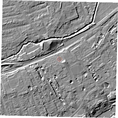 Shaded relief map of the ground around TW13SP, computed from Environment Agency LiDAR. The ground here sits at about 9 m above sea level and falls 9 m across the surrounding 800 m. Surface water reaching this point runs off ground lying to the east-south-east, 1.9 m higher.