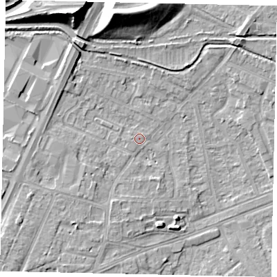 Shaded relief map of the ground around TW148LL, computed from Environment Agency LiDAR. The ground here sits at about 20 m above sea level and falls 18 m across the surrounding 800 m. Surface water reaching this point runs off ground lying to the south-south-west, 0.9 m higher.