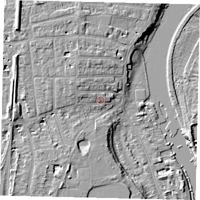 Shaded relief map of the ground around TW14PA, computed from Environment Agency LiDAR. The ground here sits at about 9 m above sea level and falls 11 m across the surrounding 800 m. Surface water reaching this point runs off ground lying to the west-north-west, 2.7 m higher.