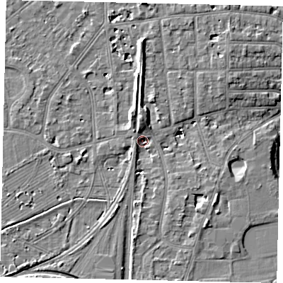 Shaded relief map of the ground around TW14PS, computed from Environment Agency LiDAR. The ground here sits at about 11 m above sea level and falls 9 m across the surrounding 800 m. Surface water reaching this point runs off ground lying to the south, 3.0 m higher.