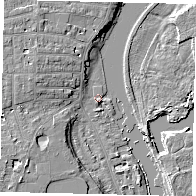 Shaded relief map of the ground around TW14QG, computed from Environment Agency LiDAR. The ground here sits at about 5 m above sea level and falls 9 m across the surrounding 800 m. Surface water reaching this point runs off ground lying to the west, 1.6 m higher.