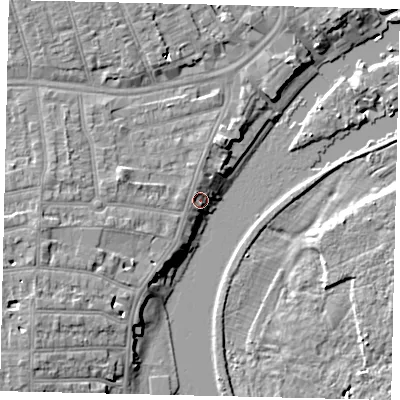 Shaded relief map of the ground around TW14QJ, computed from Environment Agency LiDAR. The ground here sits at about 7 m above sea level and falls 9 m across the surrounding 800 m. Surface water reaching this point runs off ground lying to the north-west, 4.0 m higher.