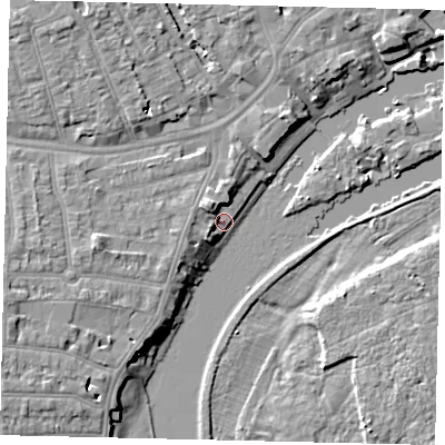 Shaded relief map of the ground around TW14QL, computed from Environment Agency LiDAR. The ground here sits at about 6 m above sea level and falls 9 m across the surrounding 800 m. Surface water reaching this point runs off ground lying to the north-west, 5.6 m higher.