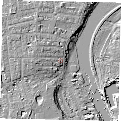 Shaded relief map of the ground around TW14RB, computed from Environment Agency LiDAR. The ground here sits at about 8 m above sea level and falls 9 m across the surrounding 800 m. Surface water reaching this point runs off ground lying to the west-north-west, 4.1 m higher.