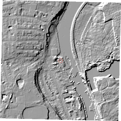Shaded relief map of the ground around TW14RP, computed from Environment Agency LiDAR. The ground here sits at about 5 m above sea level and falls 9 m across the surrounding 800 m. Surface water reaching this point runs off ground lying to the west-north-west, 7.8 m higher.