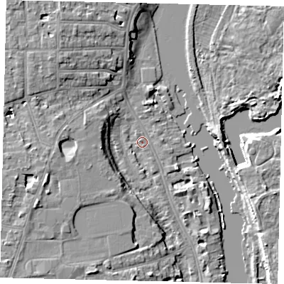 Shaded relief map of the ground around TW14RU, computed from Environment Agency LiDAR. The ground here sits at about 5 m above sea level and falls 9 m across the surrounding 800 m. Surface water reaching this point runs off ground lying to the west-south-west, 7.6 m higher.