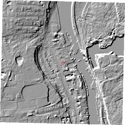 Shaded relief map of the ground around TW14RX, computed from Environment Agency LiDAR. The ground here sits at about 5 m above sea level and falls 9 m across the surrounding 800 m. Surface water reaching this point runs off ground lying to the south-south-east, 0.5 m higher.