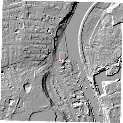 Shaded relief map of the ground around TW14RY, computed from Environment Agency LiDAR. The ground here sits at about 5 m above sea level and falls 9 m across the surrounding 800 m. Surface water reaching this point runs off ground lying to the west-north-west, 6.7 m higher.