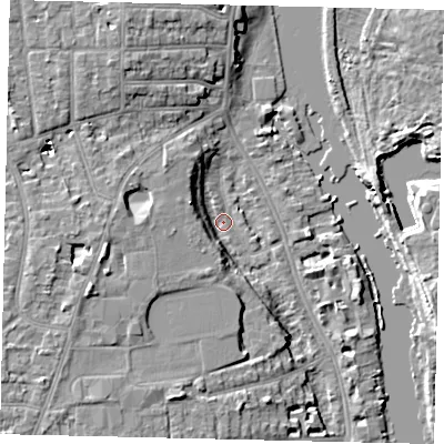 Shaded relief map of the ground around TW14SB, computed from Environment Agency LiDAR. The ground here sits at about 5 m above sea level and falls 9 m across the surrounding 800 m. Surface water reaching this point runs off ground lying to the west-south-west, 7.3 m higher.