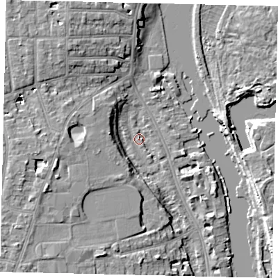 Shaded relief map of the ground around TW14SD, computed from Environment Agency LiDAR. The ground here sits at about 6 m above sea level and falls 9 m across the surrounding 800 m. Surface water reaching this point runs off ground lying to the west-south-west, 7.5 m higher.
