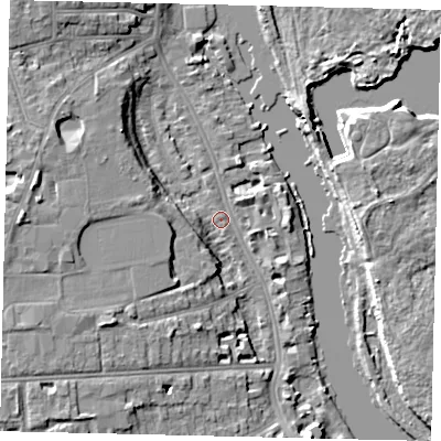 Shaded relief map of the ground around TW14SE, computed from Environment Agency LiDAR. The ground here sits at about 5 m above sea level and falls 9 m across the surrounding 800 m. Surface water reaching this point runs off ground lying to the west, 7.8 m higher.