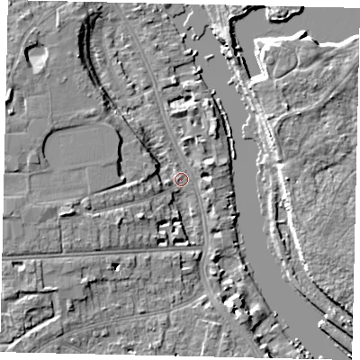 Shaded relief map of the ground around TW14SF, computed from Environment Agency LiDAR. The ground here sits at about 5 m above sea level and falls 9 m across the surrounding 800 m. Surface water reaching this point runs off ground lying to the west-south-west, 7.0 m higher.