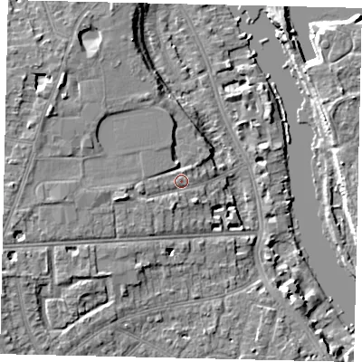 Shaded relief map of the ground around TW14SG, computed from Environment Agency LiDAR. The ground here sits at about 9 m above sea level and falls 9 m across the surrounding 800 m. Surface water reaching this point runs off ground lying to the west-south-west, 2.9 m higher.