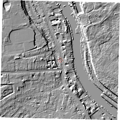 Shaded relief map of the ground around TW14SH, computed from Environment Agency LiDAR. The ground here sits at about 5 m above sea level and falls 8 m across the surrounding 800 m. Surface water reaching this point runs off ground lying to the west, 6.4 m higher.
