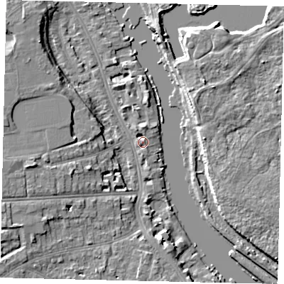 Shaded relief map of the ground around TW14SJ, computed from Environment Agency LiDAR. The ground here sits at about 6 m above sea level and falls 8 m across the surrounding 800 m. Surface water reaching this point runs off ground lying to the north, 2.1 m higher.