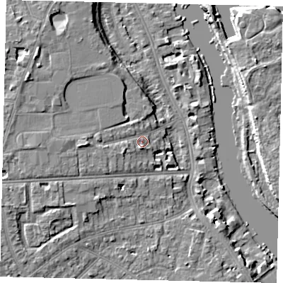 Shaded relief map of the ground around TW14SQ, computed from Environment Agency LiDAR. The ground here sits at about 8 m above sea level and falls 9 m across the surrounding 800 m. Surface water reaching this point runs off ground lying to the west, 3.5 m higher.