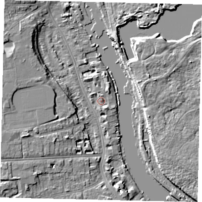 Shaded relief map of the ground around TW14SR, computed from Environment Agency LiDAR. The ground here sits at about 5 m above sea level and falls 8 m across the surrounding 800 m. Surface water reaching this point runs off ground lying to the south-east, 1.6 m higher.