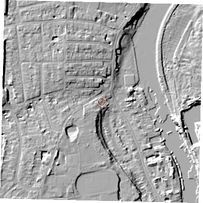 Shaded relief map of the ground around TW14ST, computed from Environment Agency LiDAR. The ground here sits at about 7 m above sea level and falls 11 m across the surrounding 800 m. Surface water reaching this point runs off ground lying to the south-west, 4.6 m higher.