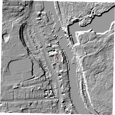 Shaded relief map of the ground around TW14SW, computed from Environment Agency LiDAR. The ground here sits at about 5 m above sea level and falls 8 m across the surrounding 800 m. Surface water reaching this point runs off ground lying to the north-north-east, 2.2 m higher.