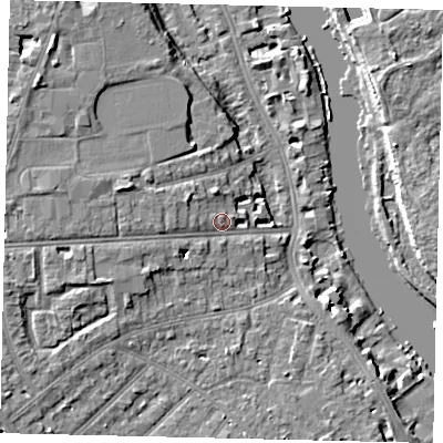 Shaded relief map of the ground around TW14TJ, computed from Environment Agency LiDAR. The ground here sits at about 9 m above sea level and falls 9 m across the surrounding 800 m. Surface water reaching this point runs off ground lying to the west-north-west, 3.7 m higher.