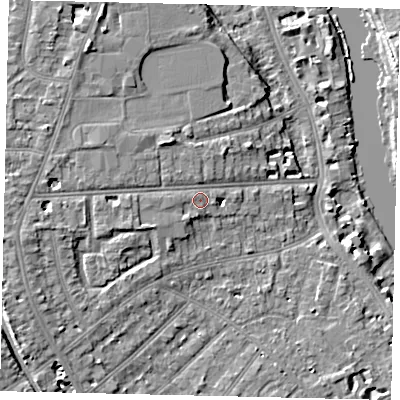 Shaded relief map of the ground around TW14TQ, computed from Environment Agency LiDAR. The ground here sits at about 10 m above sea level and falls 9 m across the surrounding 800 m. Surface water reaching this point runs off ground lying to the west-south-west, 1.8 m higher.