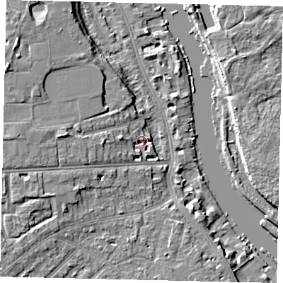 Shaded relief map of the ground around TW14TR, computed from Environment Agency LiDAR. The ground here sits at about 7 m above sea level and falls 9 m across the surrounding 800 m. Surface water reaching this point runs off ground lying to the west, 4.6 m higher.