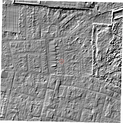 Shaded relief map of the ground around TW151AJ, computed from Environment Agency LiDAR. The ground here sits at about 13 m above sea level and falls 5 m across the surrounding 800 m. The ground contributing surface water to this point lies to the east-north-east.