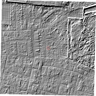 Shaded relief map of the ground around TW151AL, computed from Environment Agency LiDAR. The ground here sits at about 13 m above sea level and falls 5 m across the surrounding 800 m. Surface water reaching this point runs off ground lying to the south-west, 1.6 m higher.