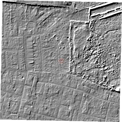 Shaded relief map of the ground around TW151AP, computed from Environment Agency LiDAR. The ground here sits at about 13 m above sea level and falls 6 m across the surrounding 800 m. Surface water reaching this point runs off ground lying to the south-west, 1.0 m higher.