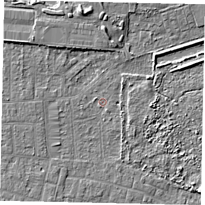 Shaded relief map of the ground around TW151AR, computed from Environment Agency LiDAR. The ground here sits at about 14 m above sea level and falls 6 m across the surrounding 800 m. Surface water reaching this point runs off ground lying to the south-south-east, 0.9 m higher.
