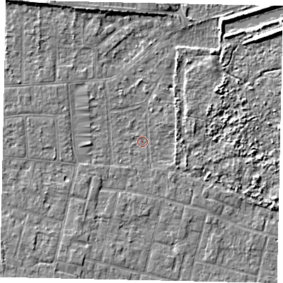 Shaded relief map of the ground around TW151AW, computed from Environment Agency LiDAR. The ground here sits at about 13 m above sea level and falls 6 m across the surrounding 800 m. Surface water reaching this point runs off ground lying to the west-south-west, 0.8 m higher.