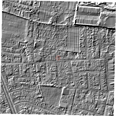Shaded relief map of the ground around TW151BS, computed from Environment Agency LiDAR. The ground here sits at about 14 m above sea level and falls 4 m across the surrounding 800 m. Surface water reaching this point runs off ground lying to the north-north-east, 3.0 m higher.